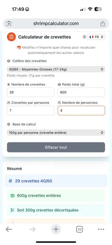 Ecran de claculateur de crevettes gratuit. shrimpcalculator