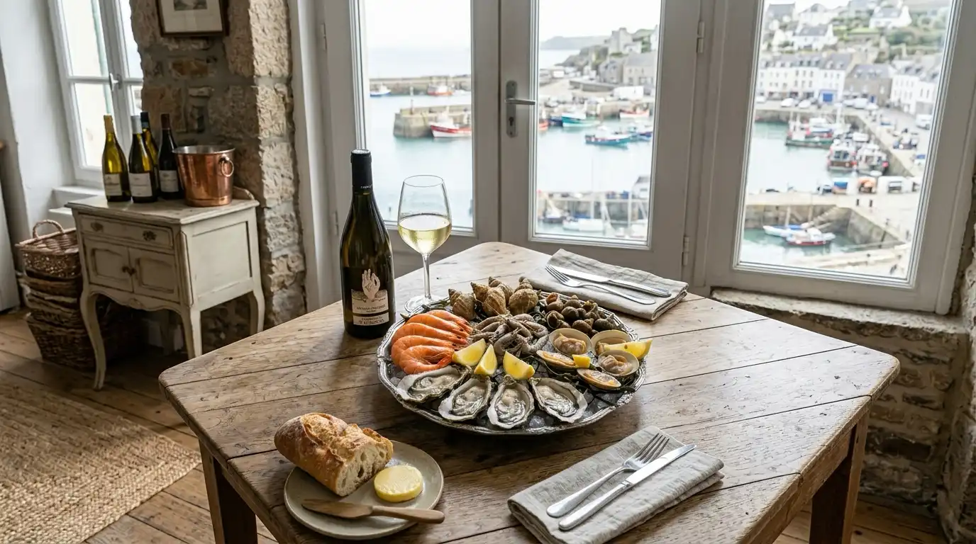 Assiette de fruits de mer sur une table reustique en bois et accompagnée d'une bouteille de Chablis